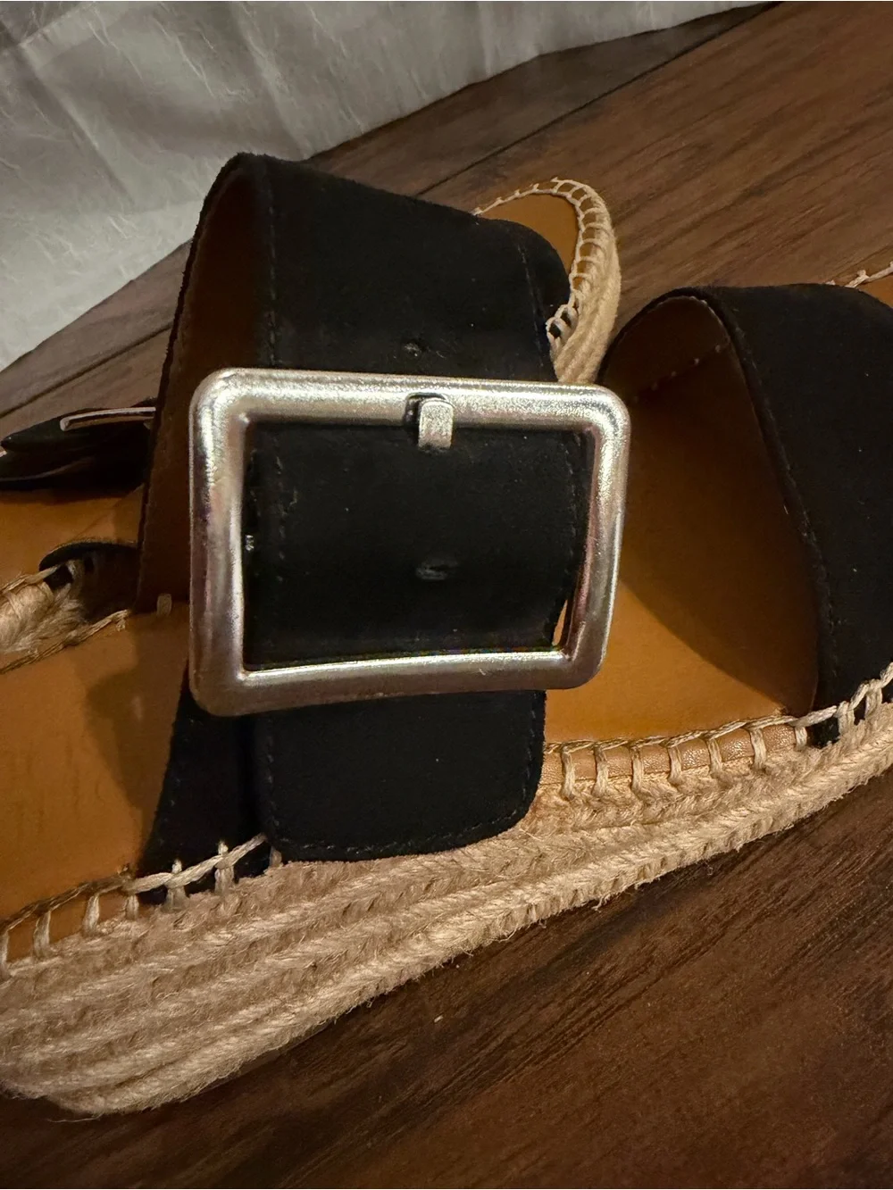 Black Suede Buckle Espadrille Slide Sandals - Women